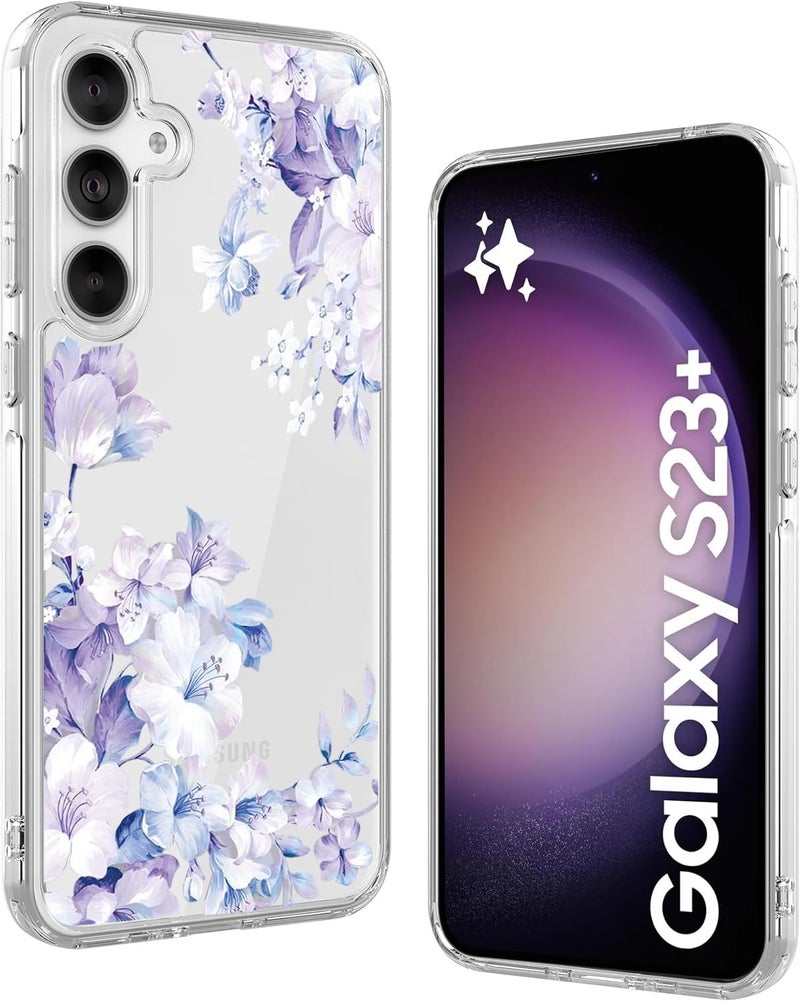 Elzzi Clear Transparent Flower Cover for Samsung S23 Plus Case Shockproof Case Floral Design Camera Protection Shockproof PC+TPU Transparent Flower Cover for Girls & Women (Purple) - Image 1