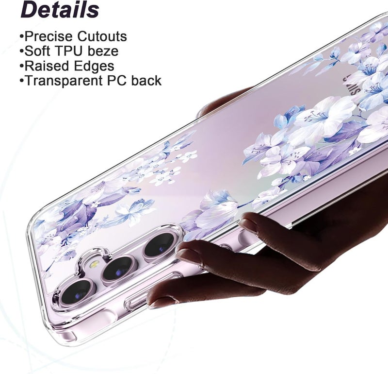 Elzzi Clear Transparent Flower Cover for Samsung S23 Plus Case Shockproof Case Floral Design Camera Protection Shockproof PC+TPU Transparent Flower Cover for Girls & Women (Purple) - Image 2