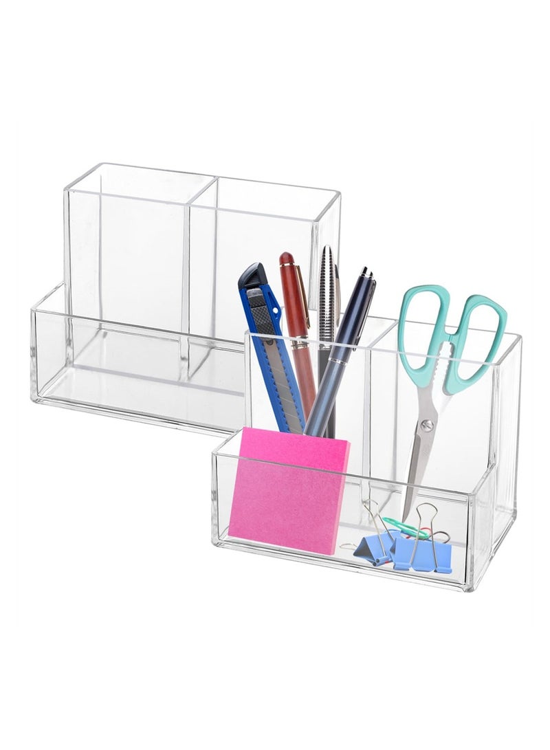 KASTWAVE Pen Holder for Desk 2 Pack Clear Acrylic Makeup Brush Holder Desk Accessories Pencil Cup with Sticky Notes Holder and 3 Compartments Pencil Organizer for Pen Art Supply Makeup Brush - Image 1