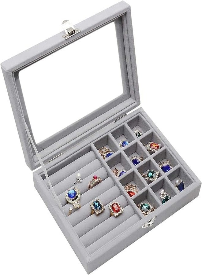 Bitrexup Women's Velvet Glass Ring Earrings Jewelry Box - Display Storage Showcase Holder Organizer (Small 9 Grid 9 Rows-Grey) - Image 1