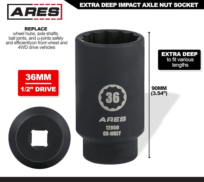 ARES 12050-36MM Axle Nut Socket - 12 Point Socket - Extra Deep 1/2-Inch Drive Impact Socket for Easy Removal of Axle Shaft Nuts - Image 2