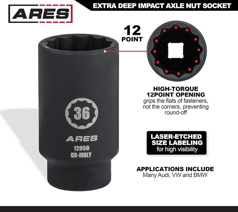ARES 12050-36MM Axle Nut Socket - 12 Point Socket - Extra Deep 1/2-Inch Drive Impact Socket for Easy Removal of Axle Shaft Nuts - Image 3