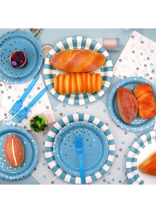 KEFAN Light Blue Stripe Birthday Party Supplies, Blue Stripe Party Decorative Plate Set Includes 9 Inch Plate, 7 Inch Plate, Paper Towel, Fork for Boys Birthday Party Baby Shower (Blue) - Image 3
