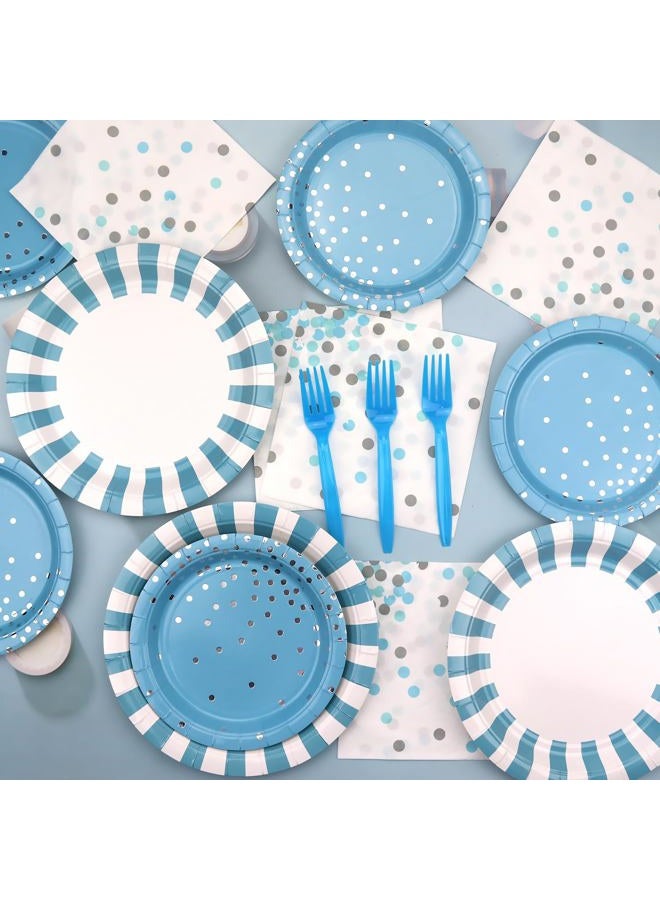 KEFAN Light Blue Stripe Birthday Party Supplies, Blue Stripe Party Decorative Plate Set Includes 9 Inch Plate, 7 Inch Plate, Paper Towel, Fork for Boys Birthday Party Baby Shower (Blue) - Image 4