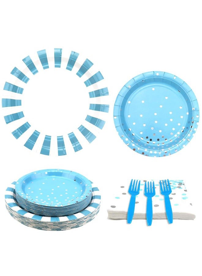 KEFAN Light Blue Stripe Birthday Party Supplies, Blue Stripe Party Decorative Plate Set Includes 9 Inch Plate, 7 Inch Plate, Paper Towel, Fork for Boys Birthday Party Baby Shower (Blue) - Image 1