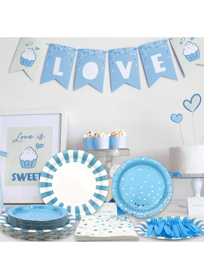 KEFAN Light Blue Stripe Birthday Party Supplies, Blue Stripe Party Decorative Plate Set Includes 9 Inch Plate, 7 Inch Plate, Paper Towel, Fork for Boys Birthday Party Baby Shower (Blue) - Image 5