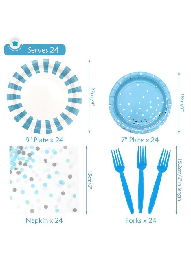 KEFAN Light Blue Stripe Birthday Party Supplies, Blue Stripe Party Decorative Plate Set Includes 9 Inch Plate, 7 Inch Plate, Paper Towel, Fork for Boys Birthday Party Baby Shower (Blue) - Image 2