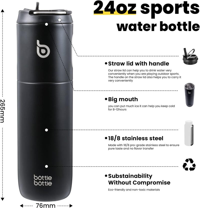 BOTTLE BOTTLE 24oz Insulated Water Bottle with Straw Lid and Handle - Black - Image 3