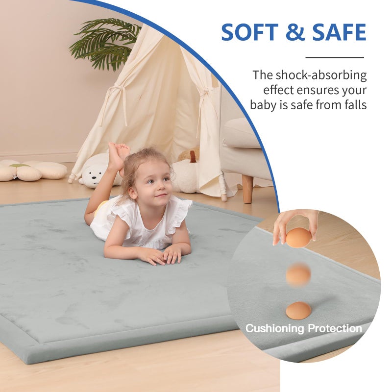Huloo Sleep Baby Play Mat for Floor,1.3" Thick Memory foam Tummy Time Mat,Water Repellent Soft Velvet Nursery Rug,Extra Large Non Slip for Crawling,Toddlers,Infants,kids,Tatami Style for Living Room(Light Grey) - Image 2