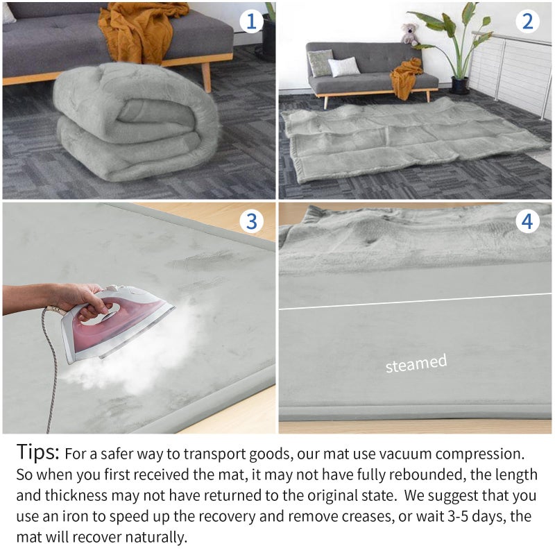 Huloo Sleep Baby Play Mat for Floor,1.3" Thick Memory foam Tummy Time Mat,Water Repellent Soft Velvet Nursery Rug,Extra Large Non Slip for Crawling,Toddlers,Infants,kids,Tatami Style for Living Room(Light Grey) - Image 5