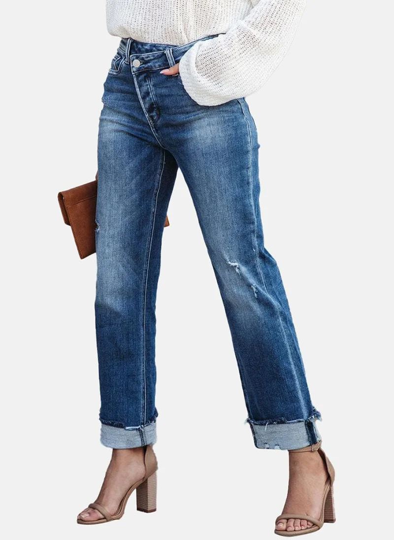 يونيكي Blue Straight Fit Low Distress High-Rise Jeans