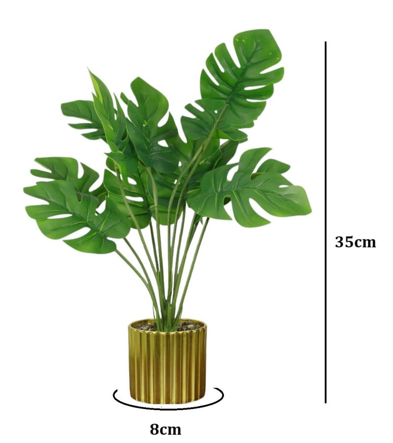 HOME ELEMENTS 1 Pc Artificial Monstera Plant with Decorative Golden Pot Fake Tropical Green 12 Leaf Realistic Faux Plants for Decoration Living Room Interior Home Office Dimensions 8x35cm - Image 5