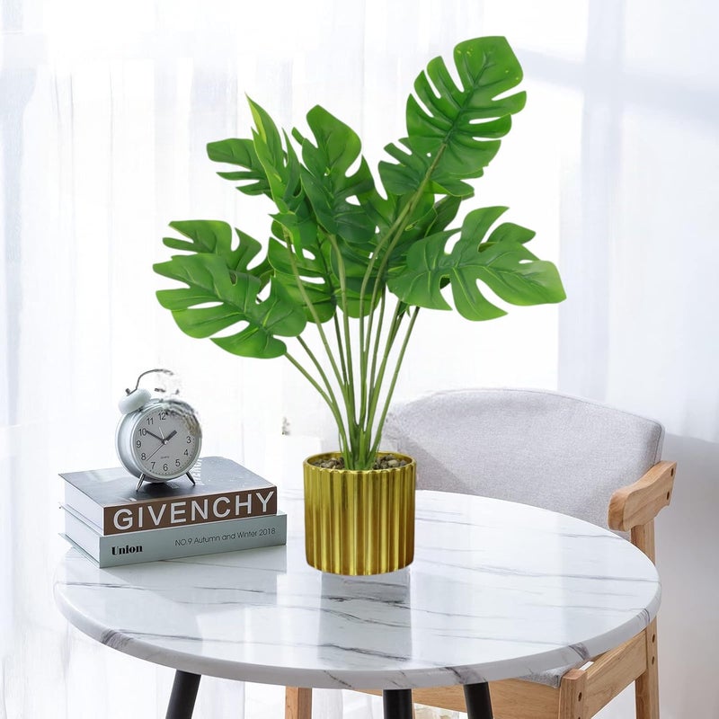 HOME ELEMENTS 1 Pc Artificial Monstera Plant with Decorative Golden Pot Fake Tropical Green 12 Leaf Realistic Faux Plants for Decoration Living Room Interior Home Office Dimensions 8x35cm - Image 1