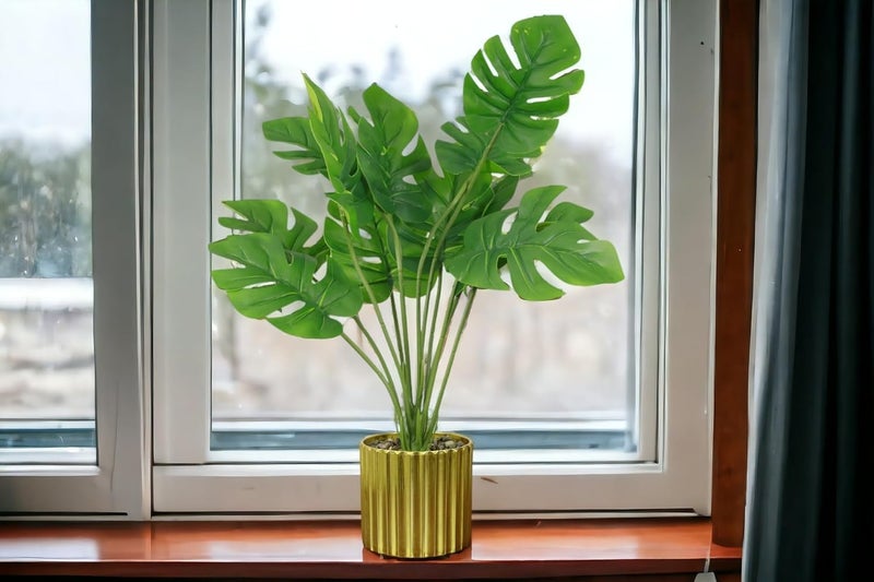 HOME ELEMENTS 1 Pc Artificial Monstera Plant with Decorative Golden Pot Fake Tropical Green 12 Leaf Realistic Faux Plants for Decoration Living Room Interior Home Office Dimensions 8x35cm - Image 2