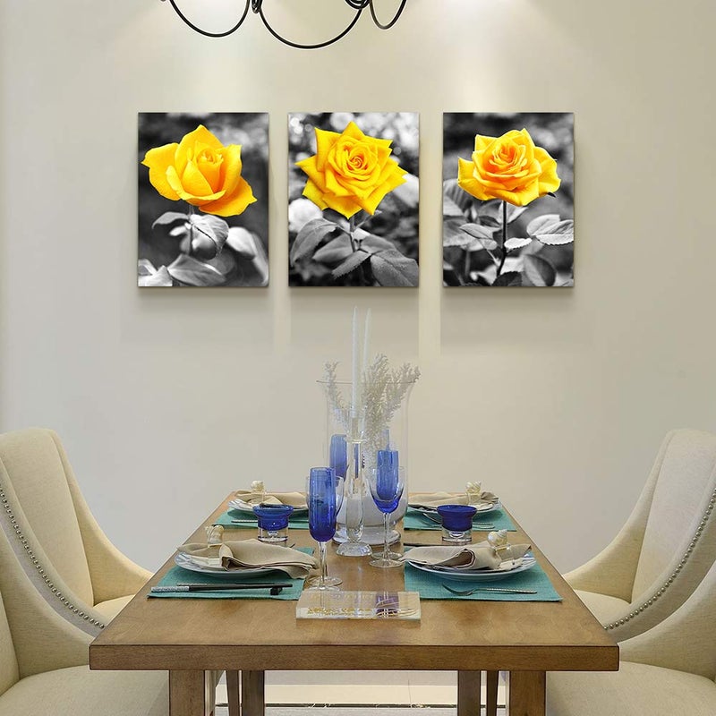 Home Trove Canvas Wall Art for bedroom living room bathroom Wall Decor for kitchen family pictures artwork Black and white yellow rose flowers paintings 16" x 24" 3 Pieces framed Modern office Home decorations - Image 5