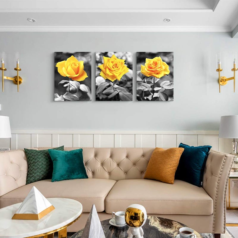 Home Trove Canvas Wall Art for bedroom living room bathroom Wall Decor for kitchen family pictures artwork Black and white yellow rose flowers paintings 16" x 24" 3 Pieces framed Modern office Home decorations - Image 4