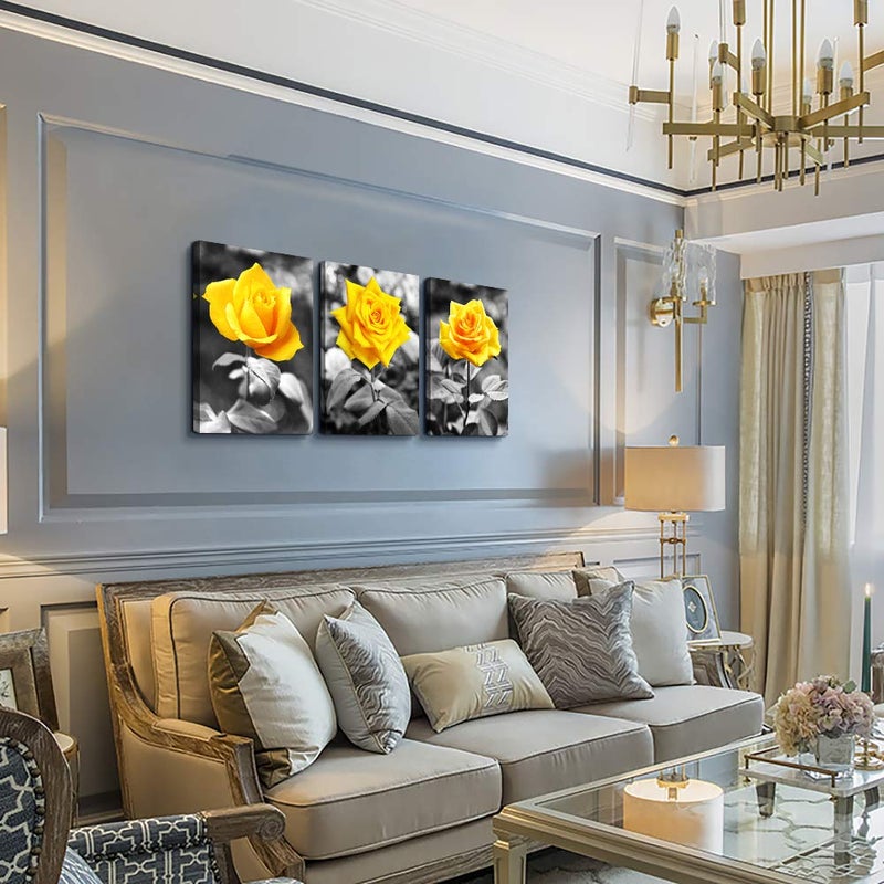 Home Trove Canvas Wall Art for bedroom living room bathroom Wall Decor for kitchen family pictures artwork Black and white yellow rose flowers paintings 16" x 24" 3 Pieces framed Modern office Home decorations - Image 2