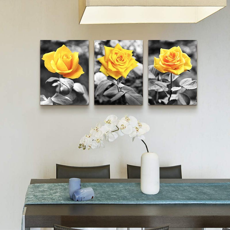 Home Trove Canvas Wall Art for bedroom living room bathroom Wall Decor for kitchen family pictures artwork Black and white yellow rose flowers paintings 16" x 24" 3 Pieces framed Modern office Home decorations - Image 3