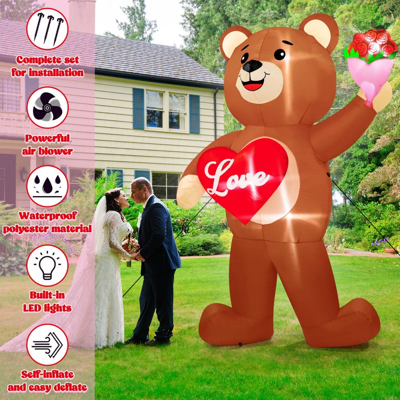 Melisheer 8 FT Valentines Day Inflatables Outdoor, Blow Up Bear Holding Love Heart and and Flowers, Romantic LED Lighted Valentine's Day Inflatables Decorations for Anniversary Wedding Proposal Party Lawn - Image 4