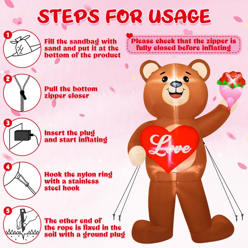 Melisheer 8 FT Valentines Day Inflatables Outdoor, Blow Up Bear Holding Love Heart and and Flowers, Romantic LED Lighted Valentine's Day Inflatables Decorations for Anniversary Wedding Proposal Party Lawn - Image 5