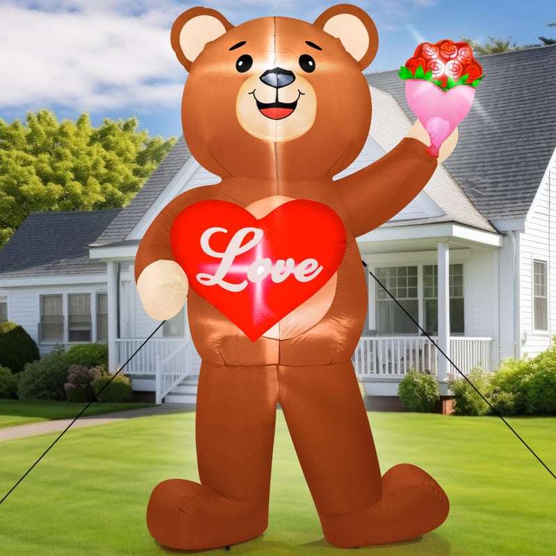 Melisheer 8 FT Valentines Day Inflatables Outdoor, Blow Up Bear Holding Love Heart and and Flowers, Romantic LED Lighted Valentine's Day Inflatables Decorations for Anniversary Wedding Proposal Party Lawn - Image 1