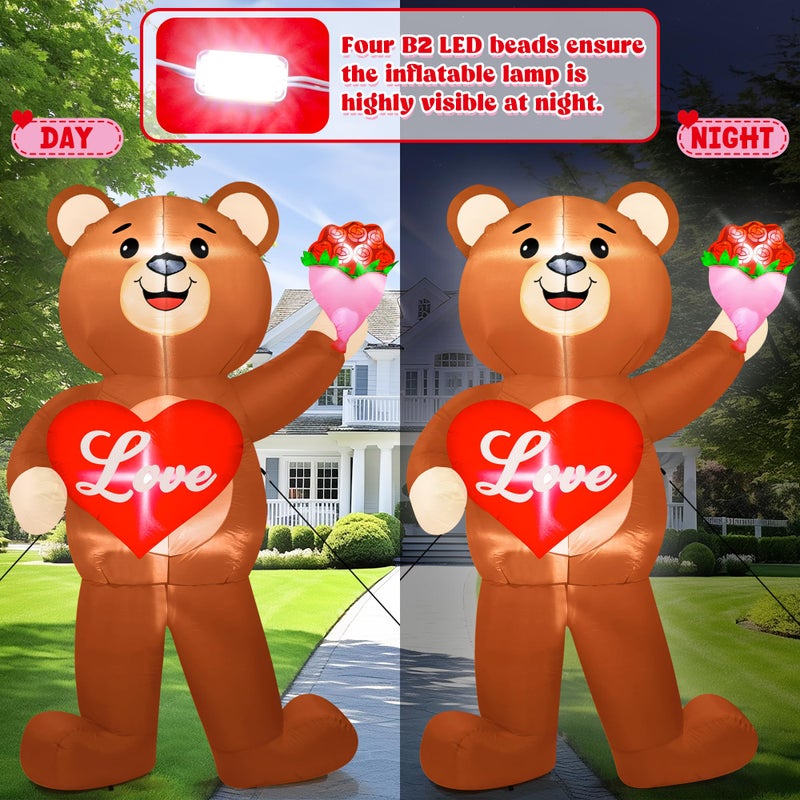 Melisheer 8 FT Valentines Day Inflatables Outdoor, Blow Up Bear Holding Love Heart and and Flowers, Romantic LED Lighted Valentine's Day Inflatables Decorations for Anniversary Wedding Proposal Party Lawn - Image 3