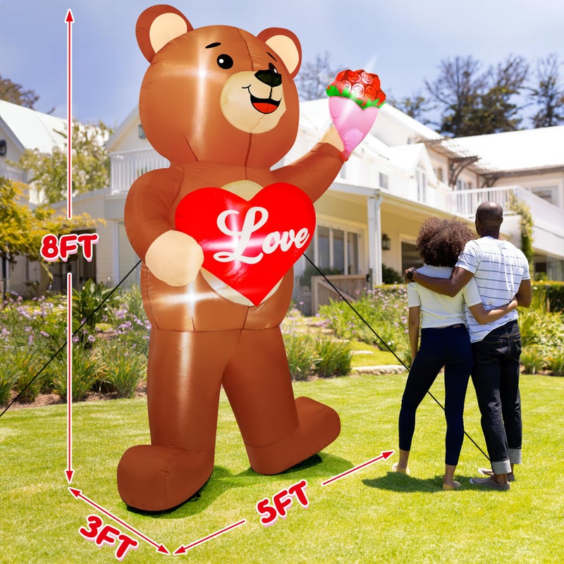 Melisheer 8 FT Valentines Day Inflatables Outdoor, Blow Up Bear Holding Love Heart and and Flowers, Romantic LED Lighted Valentine's Day Inflatables Decorations for Anniversary Wedding Proposal Party Lawn - Image 2