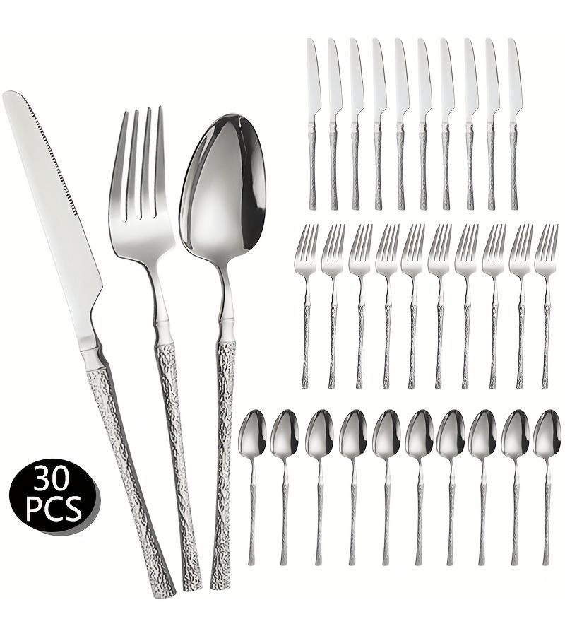 Premium 30pcs Stainless Steel Hammered Silverware Set Fork Knife Spoon Dishwasher Safe - Image 1