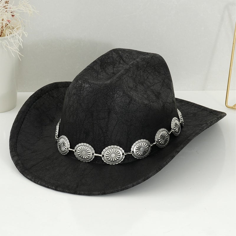 Men's and Women's Western Cowboy Hat Retro Topper Hat Stereo Round Flower Carving Pattern Accessories Belt Sun Protection Riding - Image 3