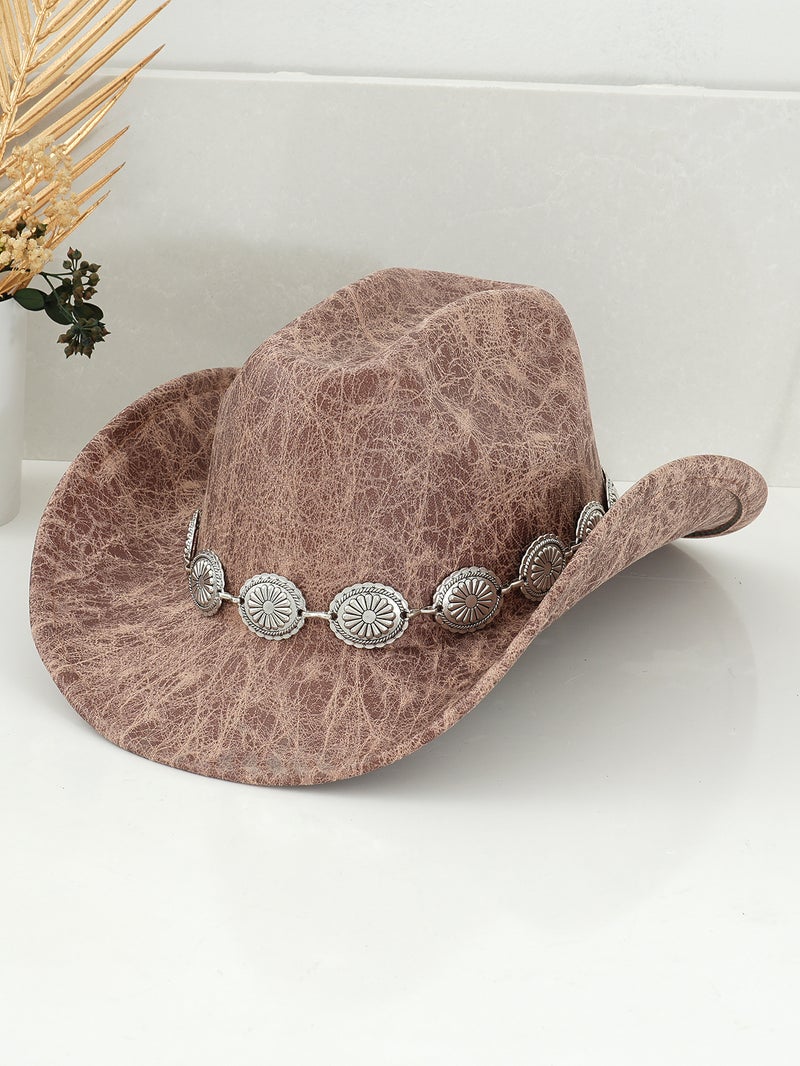 Men's and Women's Western Cowboy Hat Retro Topper Hat Stereo Round Flower Carving Pattern Accessories Belt Sun Protection Riding - Image 1