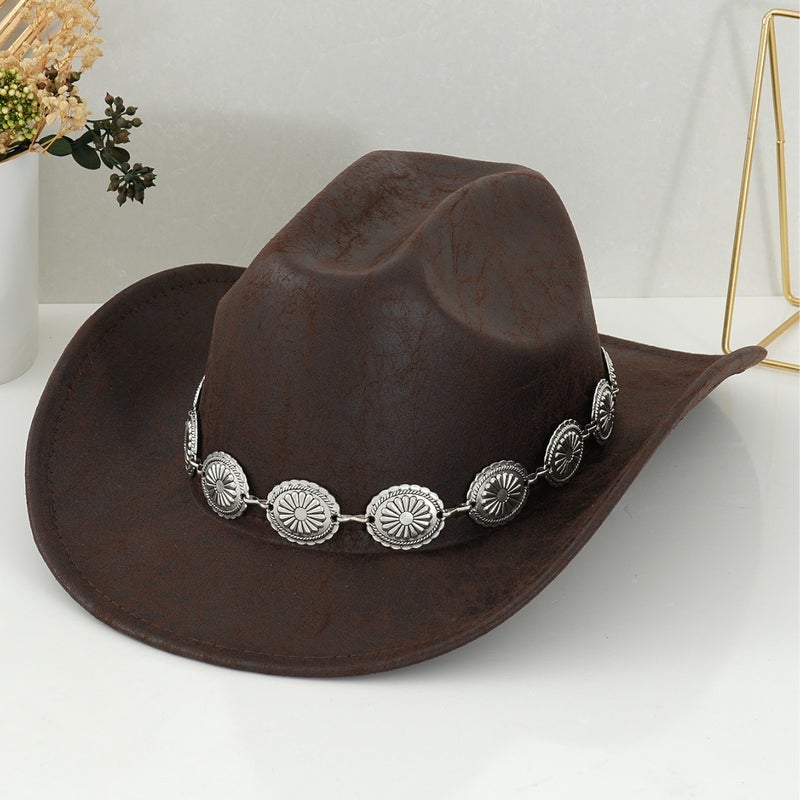 Men's and Women's Western Cowboy Hat Retro Topper Hat Stereo Round Flower Carving Pattern Accessories Belt Sun Protection Riding - Image 5