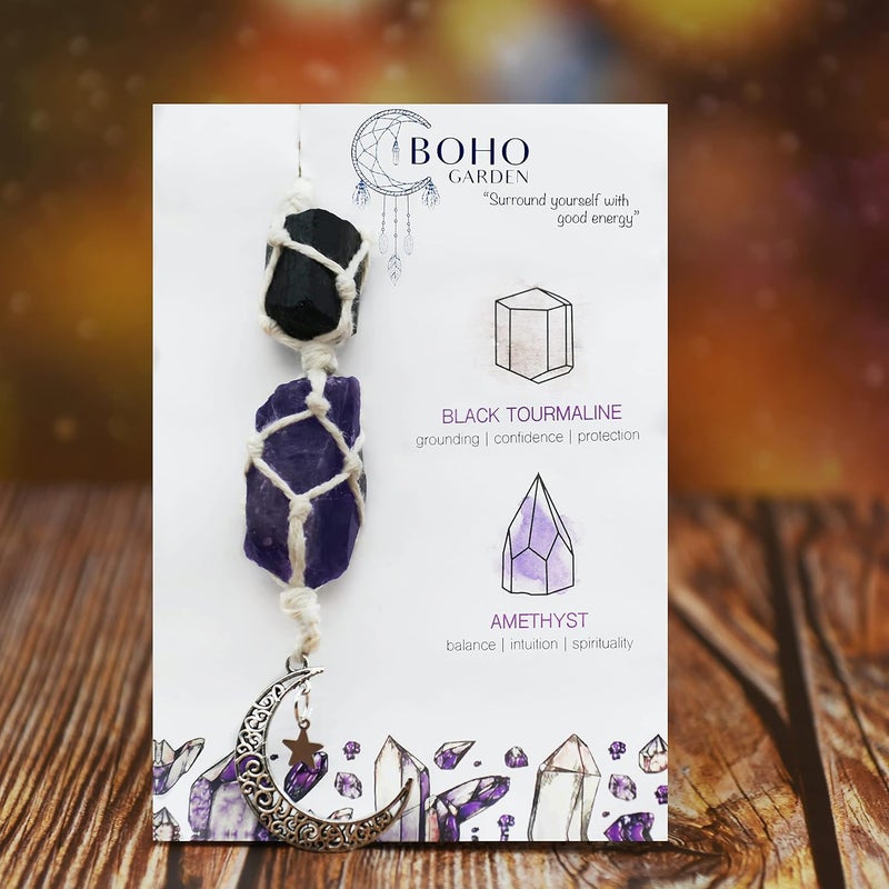 BOHO GARDEN تعويذة سيارة معلقة - تورمالين أسود، أميثيست - قمر معلق، إكسسوارات كريستالية للشفاء، زينة مرآة الرؤية الخلفية - توازن، ثقة، حماية، طاقة، روحانية - Image 2