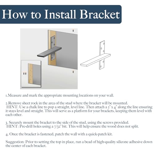 WINKER Free Hanging Countertop Support Bracket 12" Lx2.5 W 2 Pack Hidden Floating Wall Bracket 3/8" Thick Heavy Duty Shelf Bracket for Floating Bars,Bench Seats,Vanities - Image 4