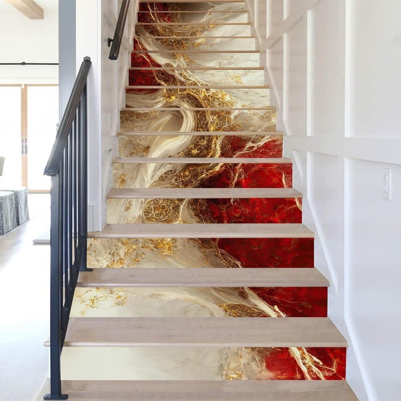 REDAMANCY Golden Ruby Crystal Fluid Marble Geometric Mosaic Peel and Stick Vinyl Stair Riser Decals Staircase Tile Stickers Decor Modern Marble Decoration Self-Adhesive(14 Pcs) - Image 5