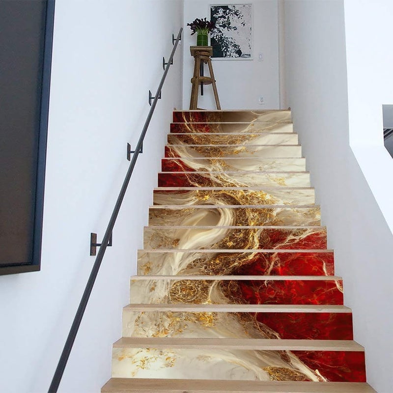 REDAMANCY Golden Ruby Crystal Fluid Marble Geometric Mosaic Peel and Stick Vinyl Stair Riser Decals Staircase Tile Stickers Decor Modern Marble Decoration Self-Adhesive(14 Pcs) - Image 4