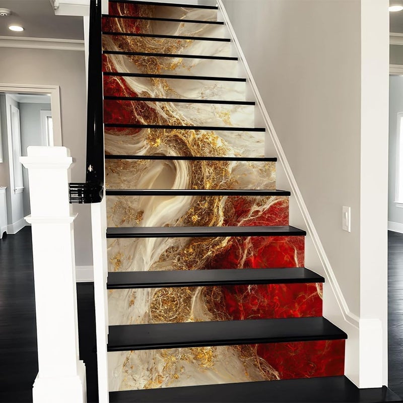 REDAMANCY Golden Ruby Crystal Fluid Marble Geometric Mosaic Peel and Stick Vinyl Stair Riser Decals Staircase Tile Stickers Decor Modern Marble Decoration Self-Adhesive(14 Pcs) - Image 1