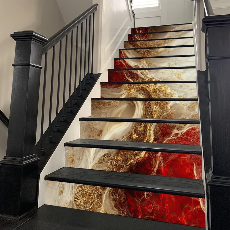 REDAMANCY Golden Ruby Crystal Fluid Marble Geometric Mosaic Peel and Stick Vinyl Stair Riser Decals Staircase Tile Stickers Decor Modern Marble Decoration Self-Adhesive(14 Pcs) - Image 2