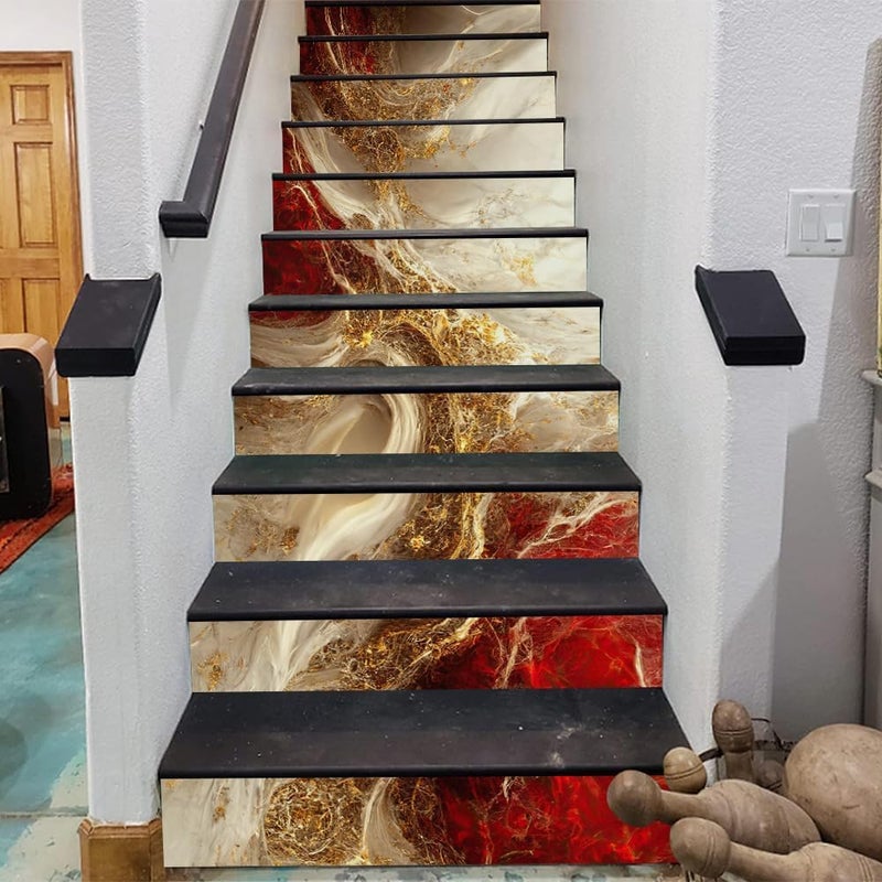 REDAMANCY Golden Ruby Crystal Fluid Marble Geometric Mosaic Peel and Stick Vinyl Stair Riser Decals Staircase Tile Stickers Decor Modern Marble Decoration Self-Adhesive(14 Pcs) - Image 3