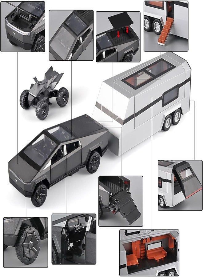 NISHCHAY ENTERPRISE Tesla Cybertruck Diecast Car 1:32 Scale | Metal Alloy Pickup Truck with Trailer, Sound & Light | Pull-Back Off-Road Toy Vehicle for Kids【Grey- Colour】 - Image 2