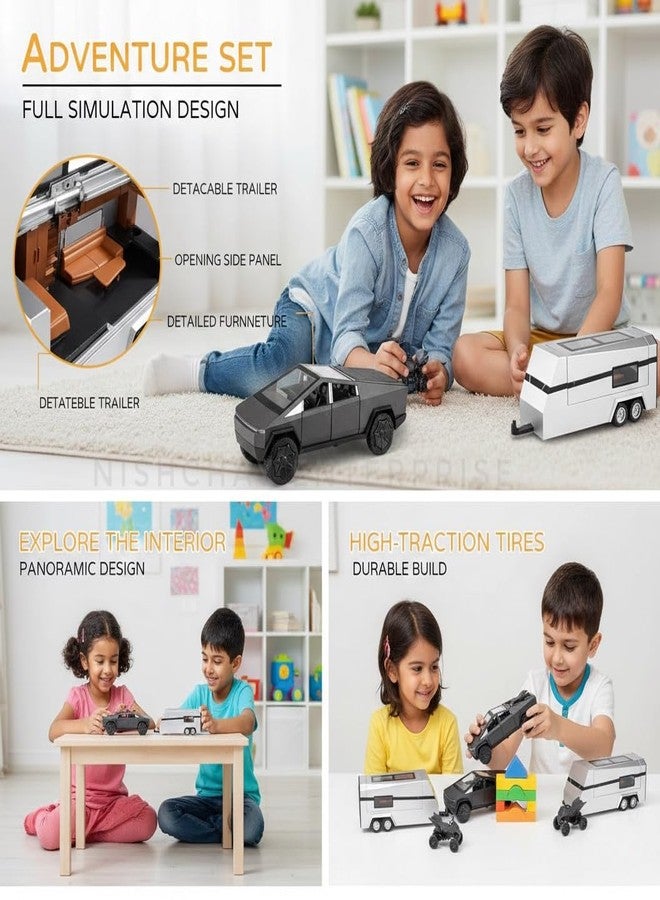 NISHCHAY ENTERPRISE Tesla Cybertruck Diecast Car 1:32 Scale | Metal Alloy Pickup Truck with Trailer, Sound & Light | Pull-Back Off-Road Toy Vehicle for Kids【Grey- Colour】 - Image 3