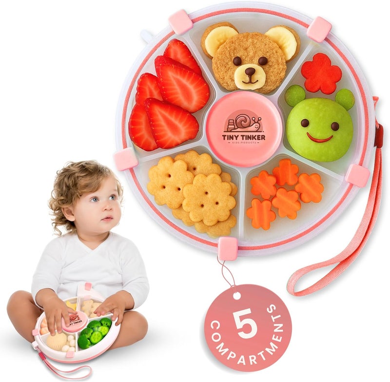 Tiny Tinker Store Snack Spinner for Toddlers with Lid, Small 5-Compartment Durable, Portable, Leak-Proof – Easy to Open, BPA-Free, Dishwasher Safe – Perfect for Travel, Daycare, Lunchboxes, and On-The-Go Snacks (Pink) - Image 1