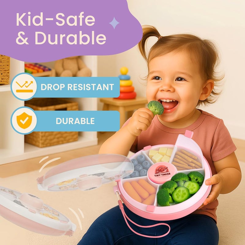 Tiny Tinker Store Snack Spinner for Toddlers with Lid, Small 5-Compartment Durable, Portable, Leak-Proof – Easy to Open, BPA-Free, Dishwasher Safe – Perfect for Travel, Daycare, Lunchboxes, and On-The-Go Snacks (Pink) - Image 4
