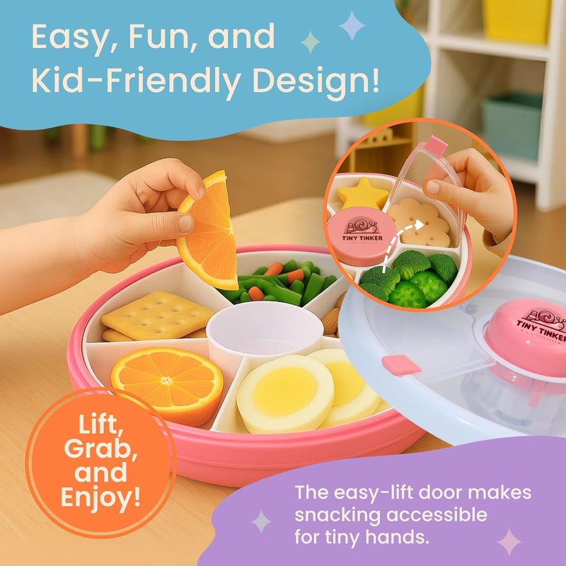 Tiny Tinker Store Snack Spinner for Toddlers with Lid, Small 5-Compartment Durable, Portable, Leak-Proof – Easy to Open, BPA-Free, Dishwasher Safe – Perfect for Travel, Daycare, Lunchboxes, and On-The-Go Snacks (Pink) - Image 5