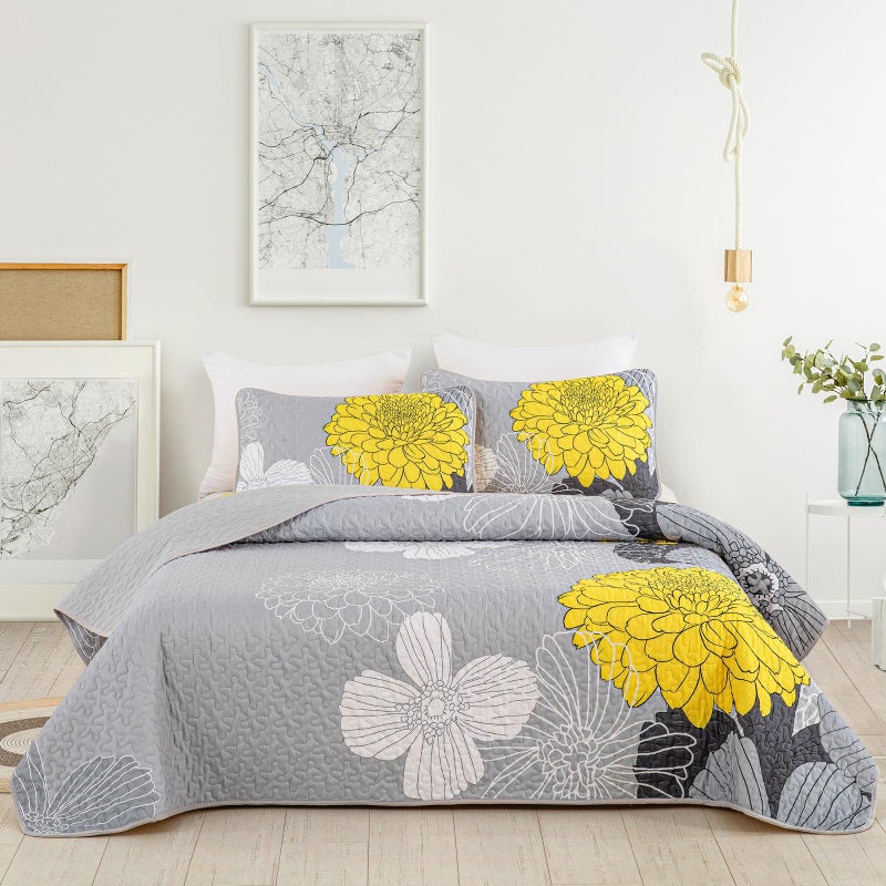 Anibedding Anibedding Yellow Floral Pattern Quilt Set Queen Size  3 Pieces Quilt Coverlet Elegant Bohemian Bedspread with 2 Pillowcases Soft Lightweight Bedding Quilt Set for Adults Yellow90x90 