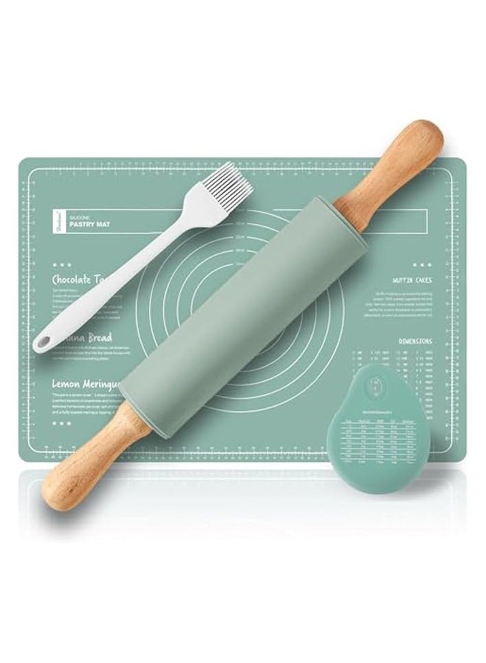 Green Tiger Silicone Baking Mats Set & Rolling Pin with Pastry Brushes and Dough Scraper,Non Stick Silicone Rolling pin with Wooden Handle and Baking mats Non Stick Silicone,Pastry mat Set of 4 - Image 1