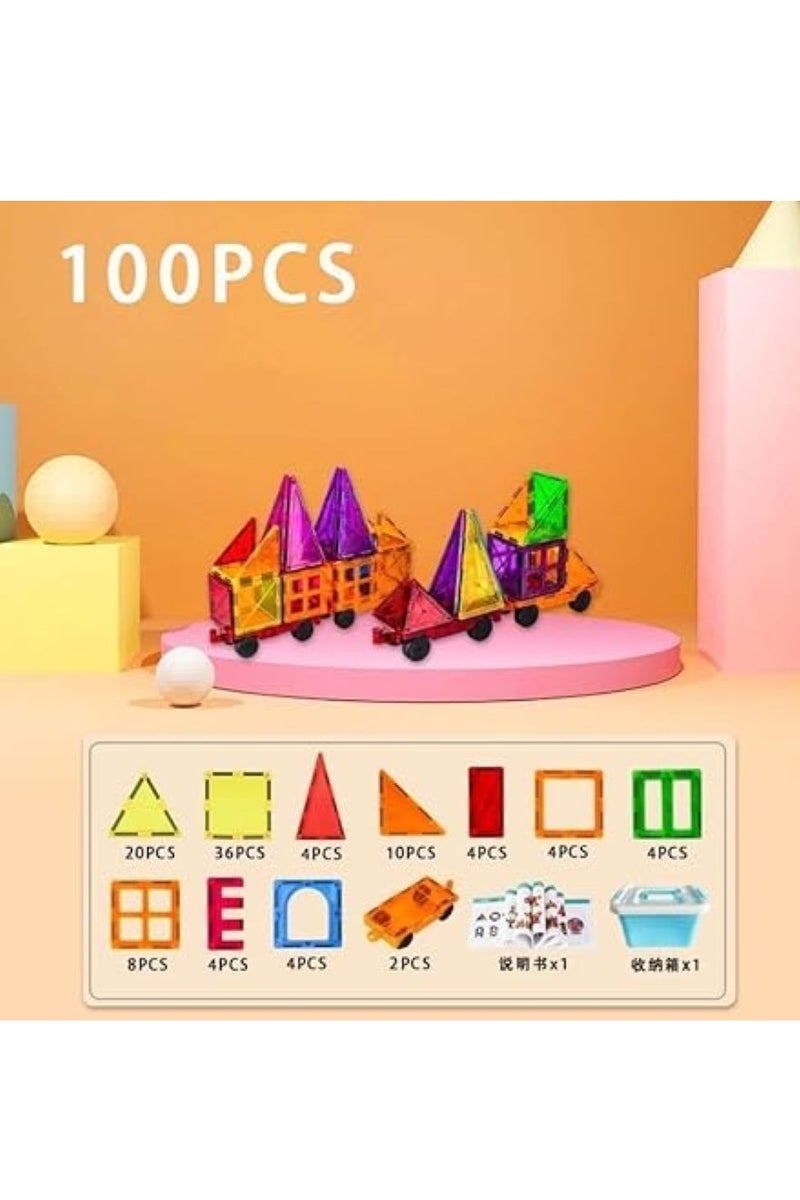 Magnetic Tiles,100 PCS Building Blocks Magnet Toys for Kids,3D Magnet Puzzles Stacking Blocks,Kids Construction Toys for Educational Creativity Toys,Boys Girls Ages 3+,with 2 Cars - Image 3
