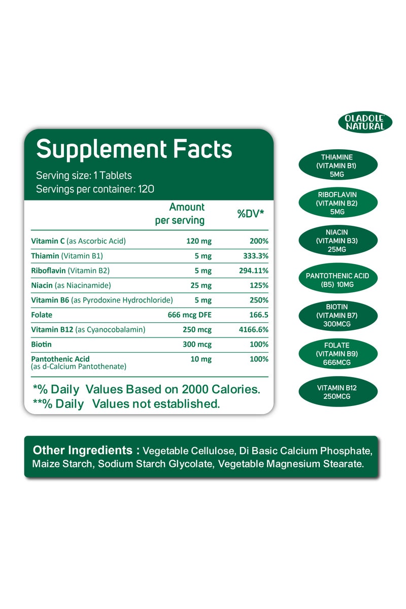 Oladole Natural B-Complex With Folic Acid & Vitamin C- 120 Tablets,  Essential B Vitamins For Cell Health, Immune Support & Prenatal Support - Image 3