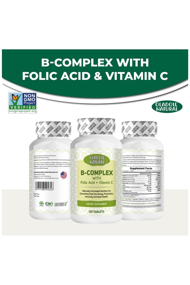 Oladole Natural B-Complex With Folic Acid & Vitamin C- 120 Tablets,  Essential B Vitamins For Cell Health, Immune Support & Prenatal Support - Image 4