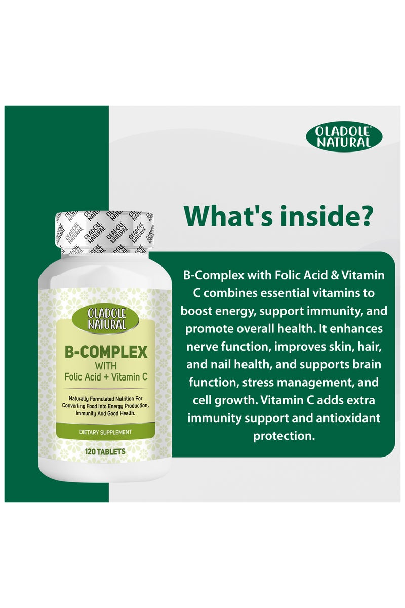 Oladole Natural B-Complex With Folic Acid & Vitamin C- 120 Tablets,  Essential B Vitamins For Cell Health, Immune Support & Prenatal Support - Image 5