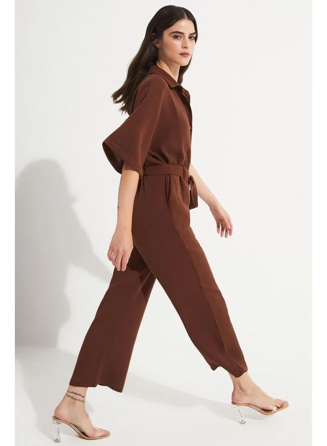 جون June Women Cotton Button Detailed Shirt Neck Jumpsuit Brown